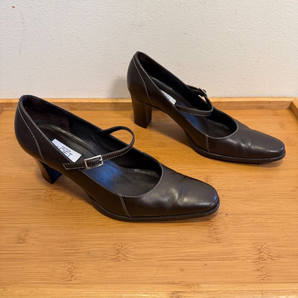 Ann Taylor LOFT Mary Jane Pumps 6.5 M Brown Leather Block Heel Made Brazil